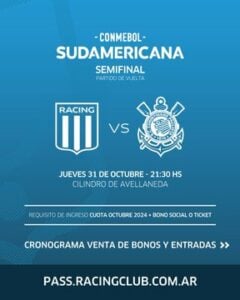 Así será la venta de entradas de Racing con Corinthians