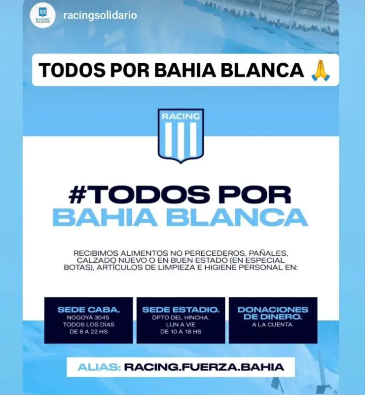 Racing donaciones Bahía Blanca